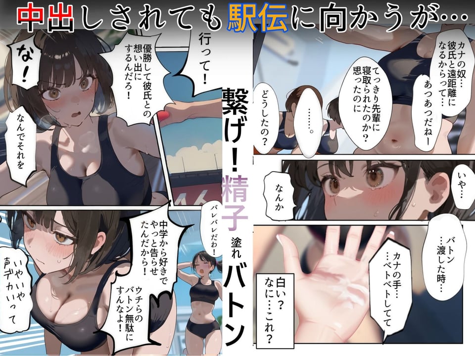 開催！寝取られ駅伝〜陸上女子は大会中に先輩OB達に中出し孕ませられても繋げ！精子塗れのバトンで優勝狙う！大学で遠距離になる前最後の幼馴染彼氏との初セックスは延期で色黒チャラ男OBに寝取られる話 7 ページ目