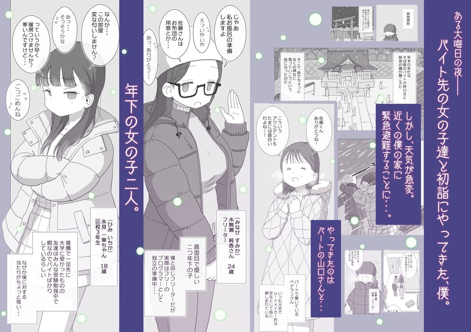 ある大雪の冷たい夜僕の家の布団の中でバイト先の女の子達が内緒で密着あたためえっちしてくれた。 1 ページ目