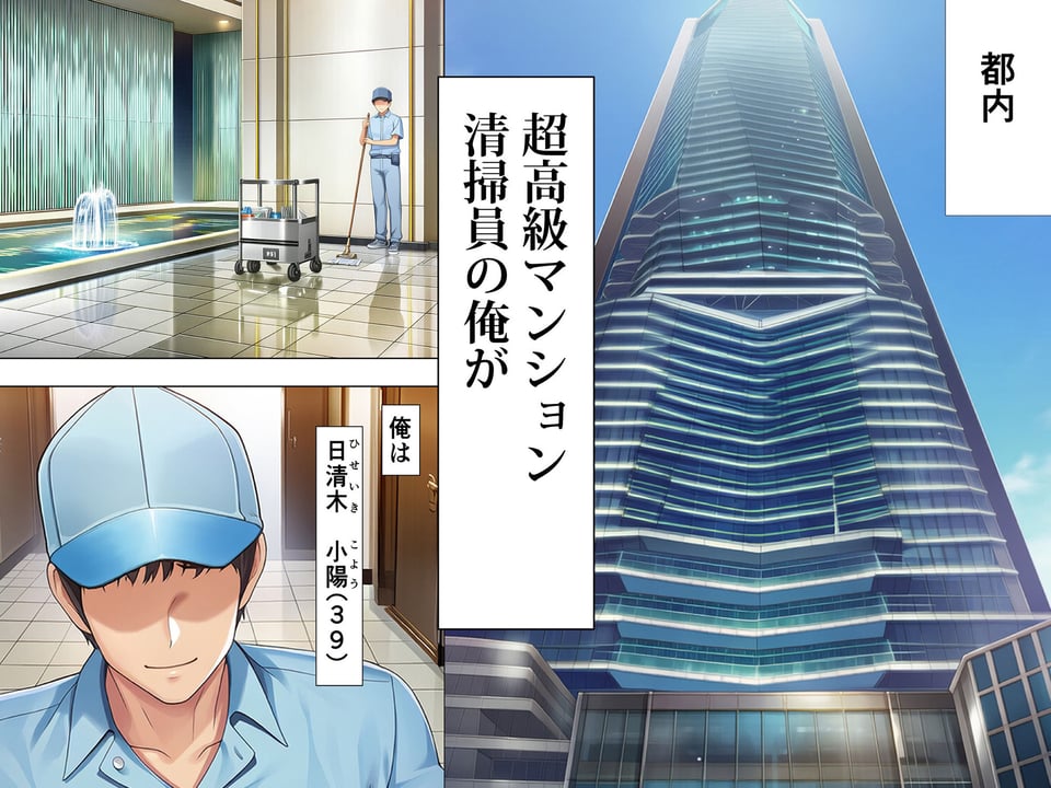 超高級マンション清掃員の俺、仕事ついでにハイスペ美人居住者たちの愚痴を聞いていたら完全合意の中出しハーレム生活を送ってしまう 1 ページ目