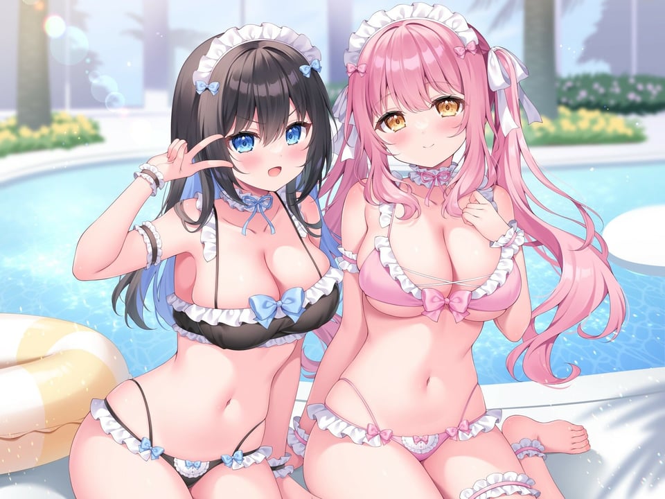 【KU100】ふりふりメイドのダブルふわふわハーレムご奉仕♪ ビキニで甘イキご奉仕いたしますにゃん♪ 8 ページ目